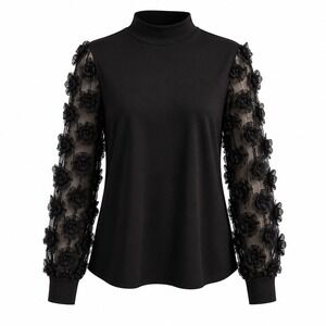 3D Floral Rosette Appliques Sheer Mesh Puff Sleeve Mock Neck Romantic Blouse Top